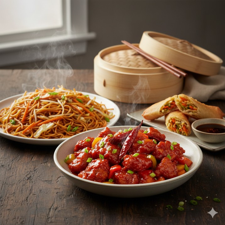 Veg Noodles and Dragon Machurian and Spring Roll